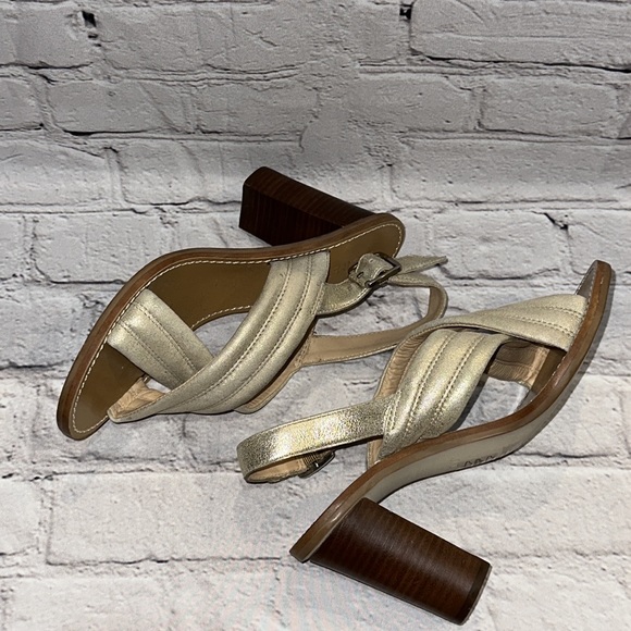 J CREW Gold Leather Sandals Block Heel Marcie Criss Cross Metallic - Picture 5 of 8